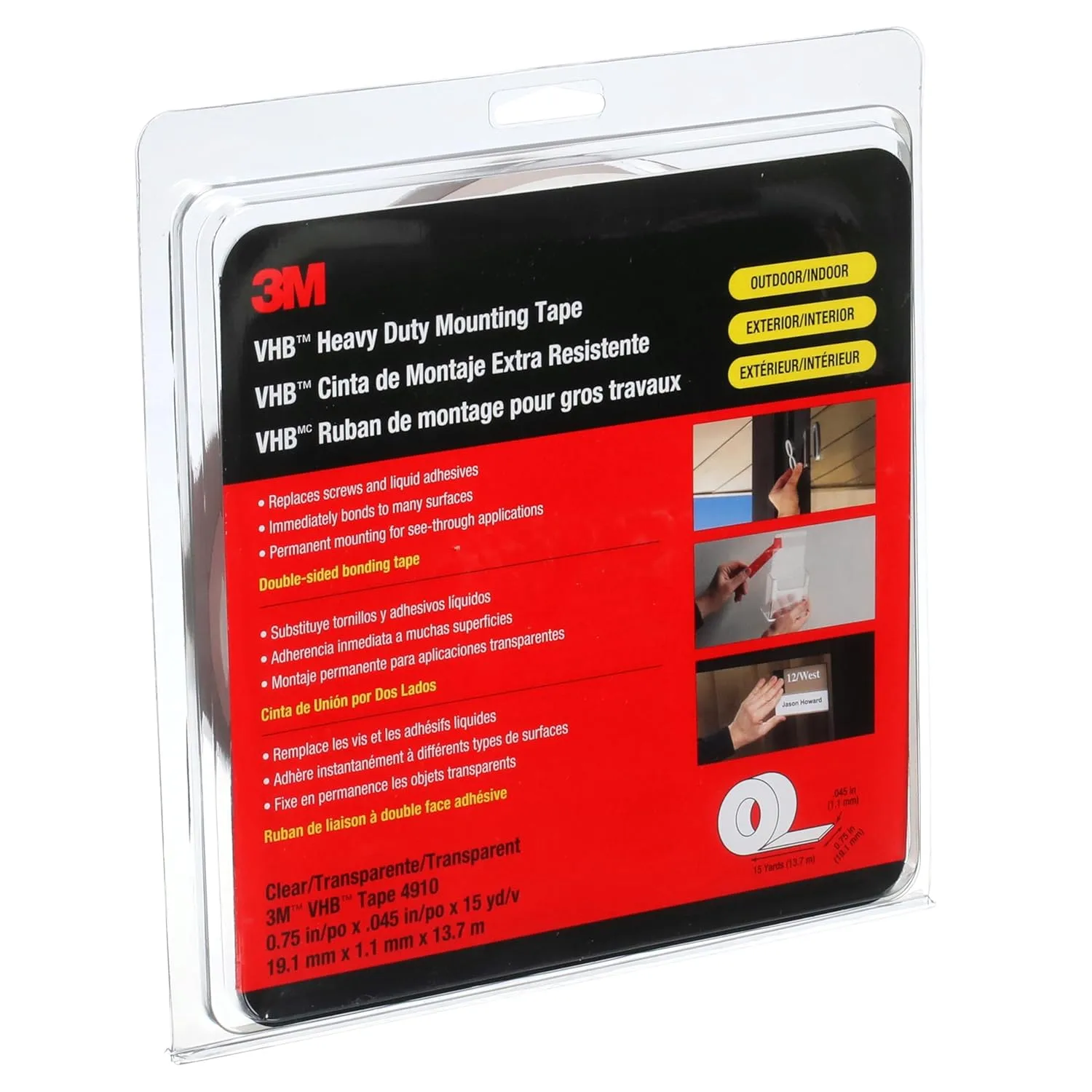 3M VHB Heavy Duty Mounting Tape 4910 Clear, 3/4 in x 15 yd 40.0 mil (Pack of 1)