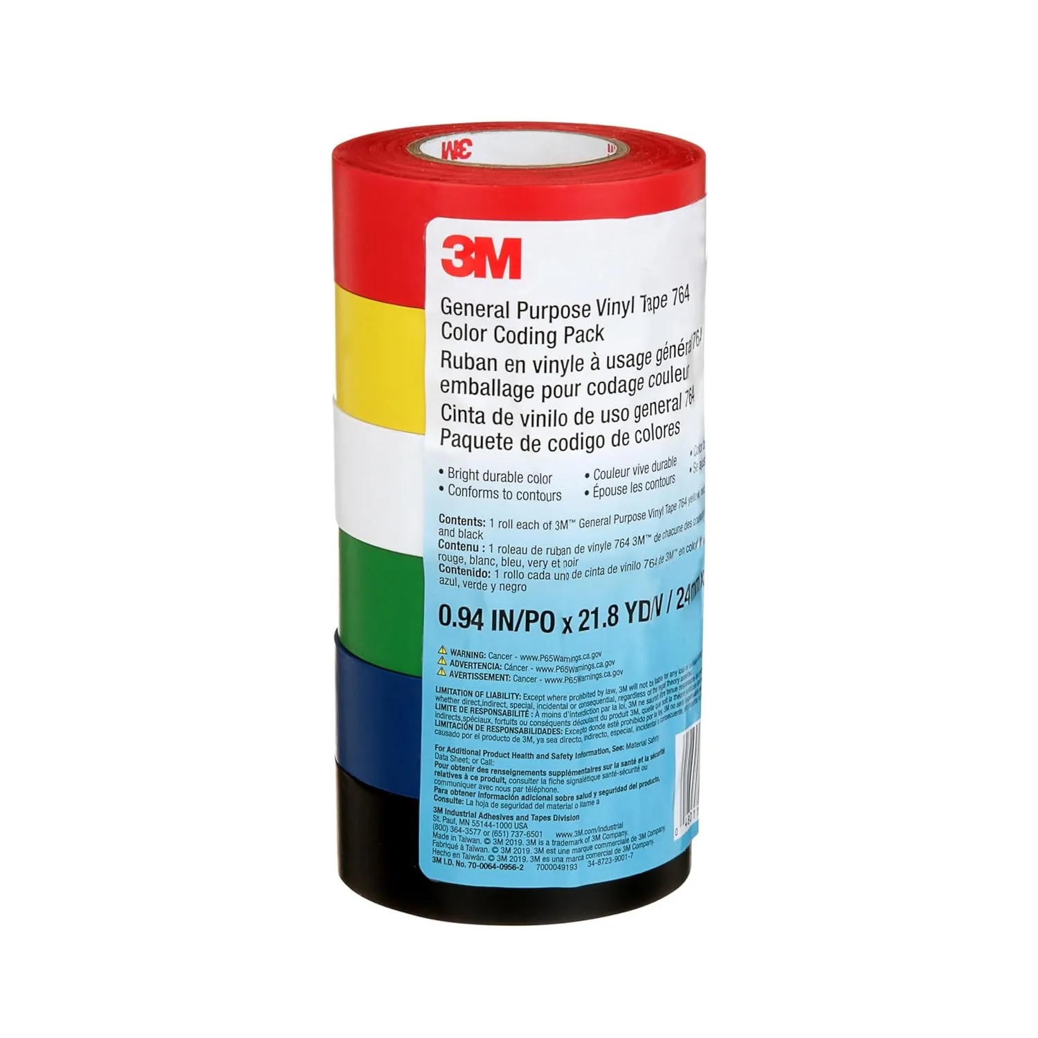 3M General Purpose Vinyl Tape Color-Coding Pack, 6-Roll
