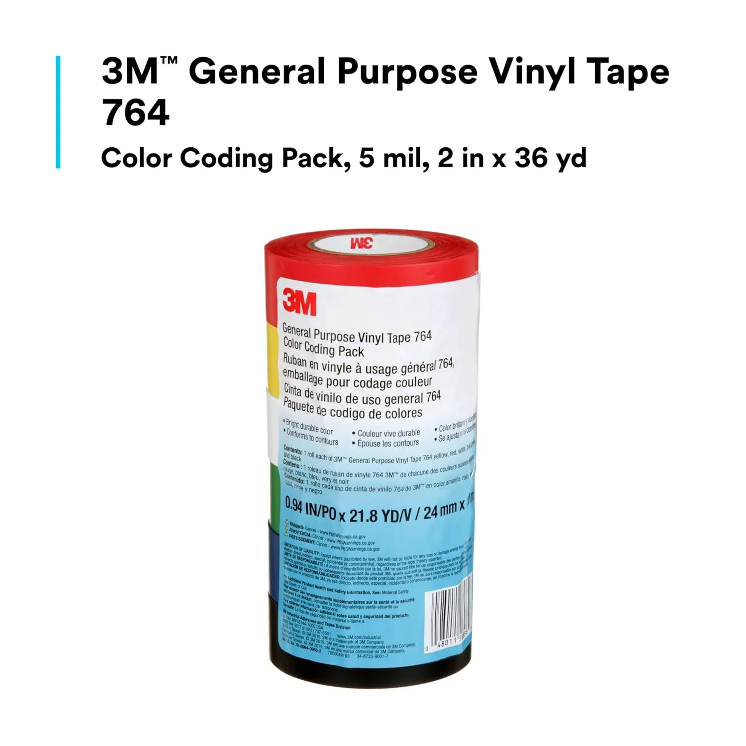 3M General Purpose Vinyl Tape Color-Coding Pack, 6-Roll