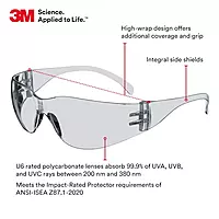 3M Safety Glasses, Virtua, 1 Pair, ANSI Z87, Unisex, Indoor/Outdoor Clear Hard Coat Lens, Clear Frame