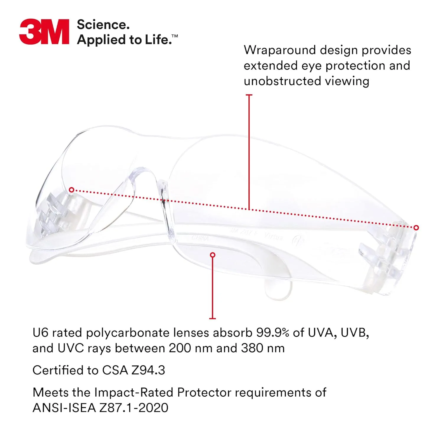 3M Safety Glasses, Virtua, 1 Pair, ANSI Z87, Clear Hard Coat Lens, Clear Frame, Economical Eyewear Protection, Lightweight