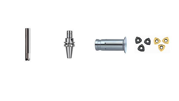 Complete High Feed Machining Kit: 4 Cutters, CAT40 Hydraulic Holders, and Steel-Grade Inserts