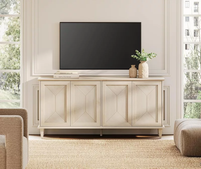 65 Modern Farmhouse TV Stand with Handcrafted Patchwork Doors