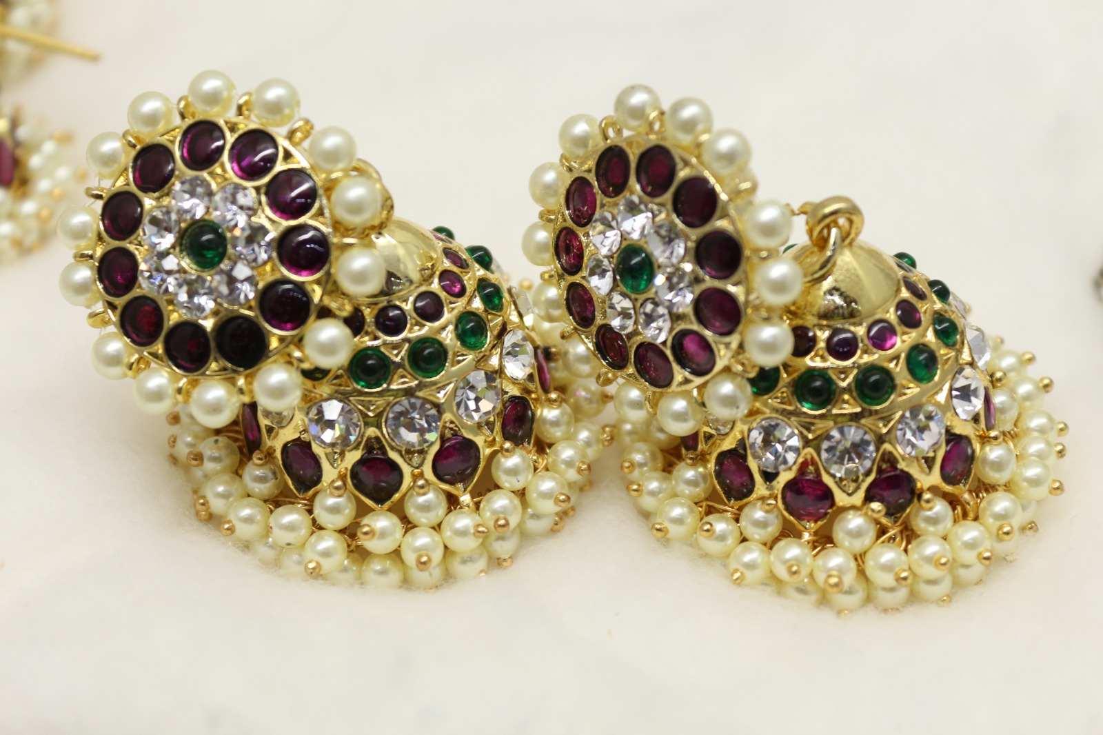 Margam Jhimikki Earrings – One Gram Gold Temple Jhumkas with Real Kempstones | Classic Copper Base