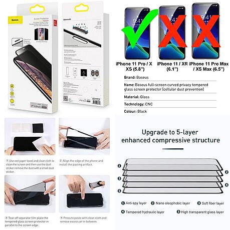 Baseus 0.3mm Dustproof Privacy Glass Screen Protector iPhone11Pro/X/XS 2PCS