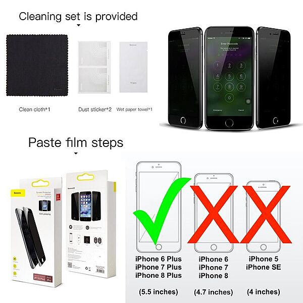 Baseus 0.23mm Privacy Curved Glass Screen Protector iPhone 6P,7P,8P (2PCS)B