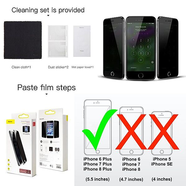 Baseus 0.23mm Privacy Curved Glass Screen Protector iPhone 6P,7P,8P (2PCS)W