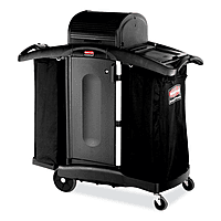 Rubbermaid High-Security Housekeeping Cart, Plastic, 3 Shelves, 2 Bins, 22" x 51.75" x 53.5", Black/Silver