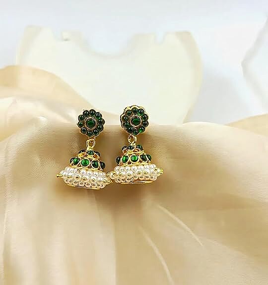 Temple Jewellery Full Green Kemptones Jhumka/Jimiki Earrings