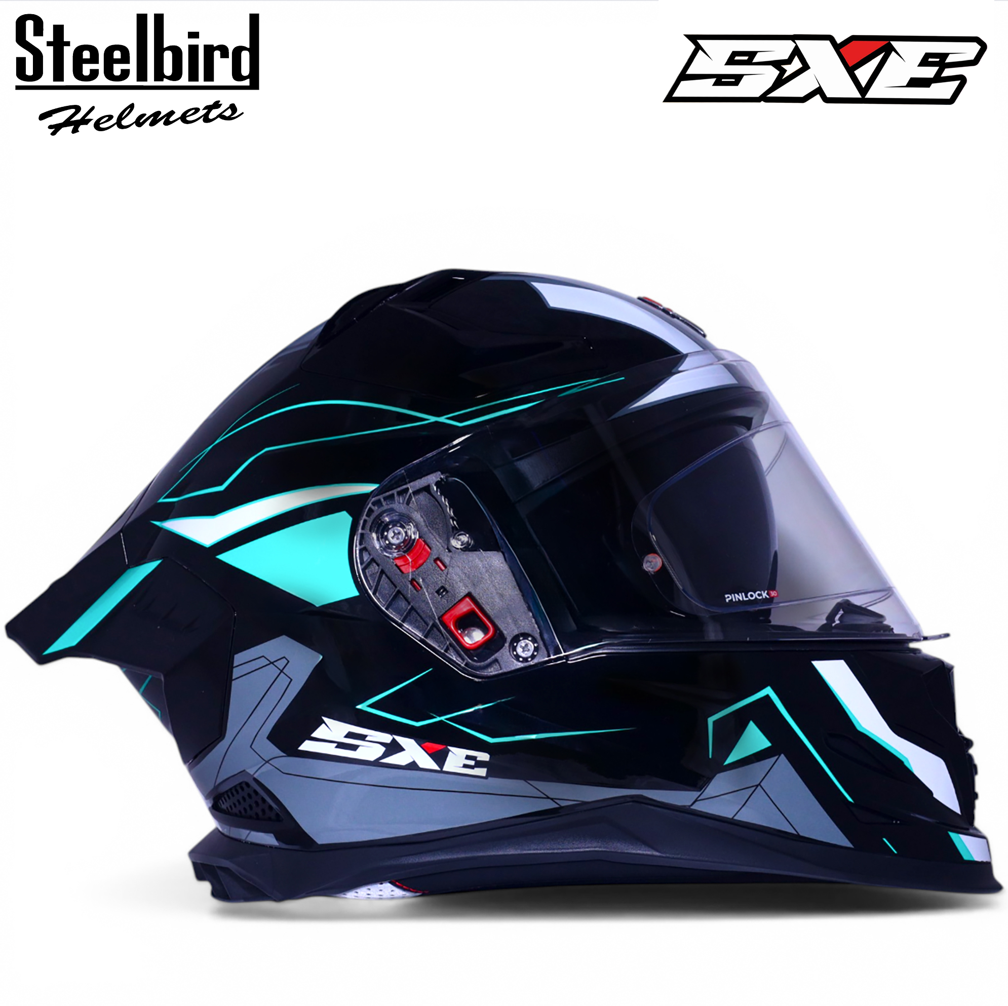 STEELBIRD SBH-61 ISS SXE RACE-X GLOSSY BLACK/CYAN GREEN WITH AFS EDITION C/V 620MM