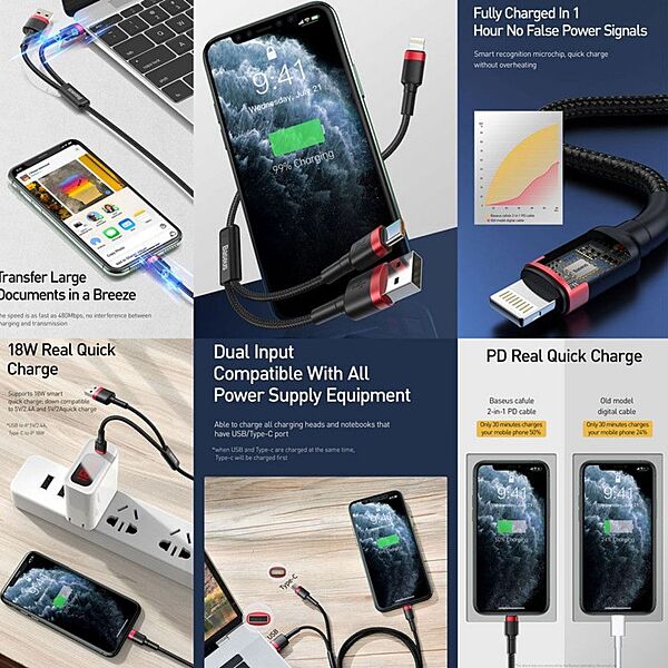 Baseus 1.2m - 2.4A 18W 2in1 Cafule USB Type-C + Type-A PD Cable - Gre+Black