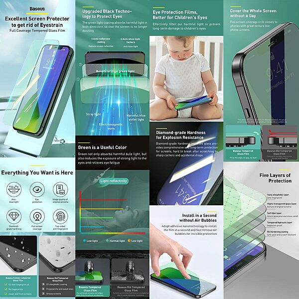 Baseus 0.3mm Anti-Blue&Green Light Glass Screen Protector iPhone 12 Pro Max