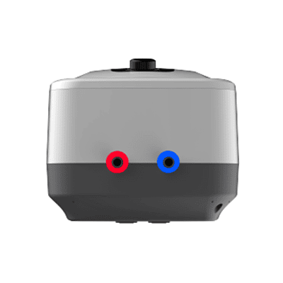 The Usha Aquerra 15L geyser mounted on a modern grey tiled bathroom wall.