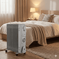 "Usha 4213 F 13-Fin Oil Filled Radiator in white/beige with black control panel and sturdy base." "Usha 4213 F 13-Fin Oil Filled Radiator in white/beige with black control panel and sturdy base."