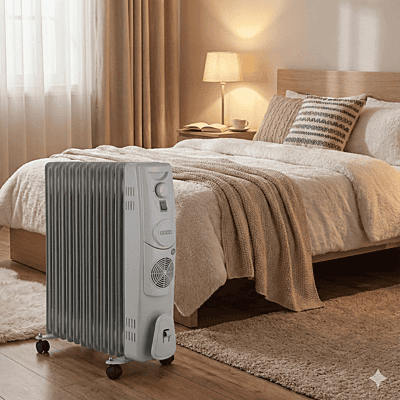 "Usha 4213 F 13-Fin Oil Filled Radiator in white/beige with black control panel and sturdy base." "Usha 4213 F 13-Fin Oil Filled Radiator in white/beige with black control panel and sturdy base."