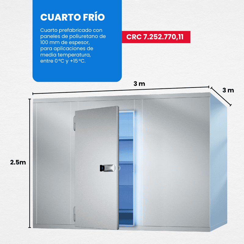 SUMINISTRO E INSTALACIÓN DE CUARTO FRÍO PARA MEDIA TEMPERATURA 3m x 3m x 2.5m