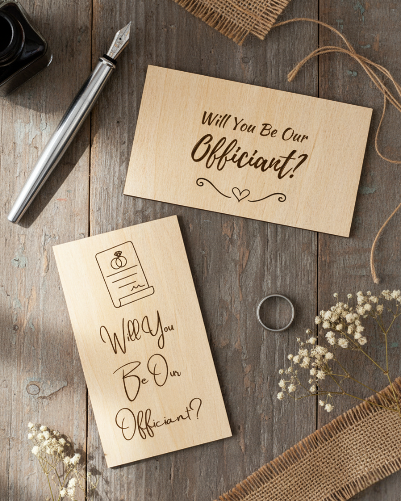 Heirloom Collection engraved Officiant Proposal Card for wedding officiant proposals.
