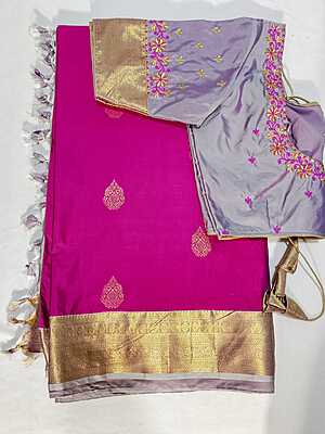 J482: Ready To Ship Beautiful Semi Kanchipattu Saree With Stitched Embroidery Work Blouse
