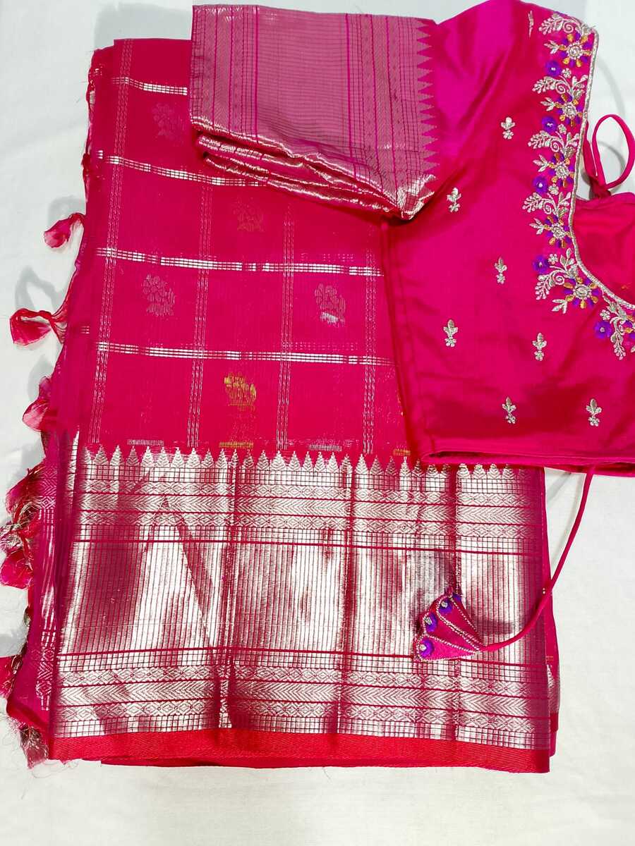 J484: Ready To Ship Beautiful Mangalagiri Saree With Stitched Embroidery Work Blouse