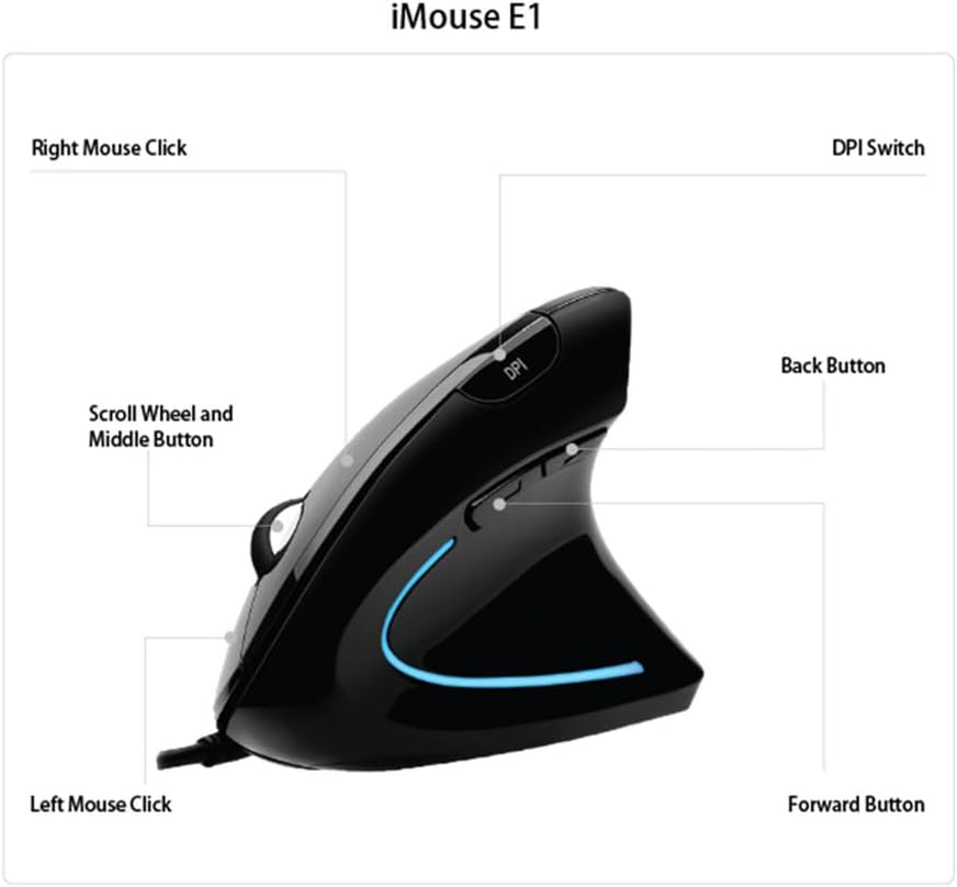 Adesso iMouse E1 Wired Vertical Ergonomic Illuminated Optical 6-Button USB Mouse - Glossy Black, Right-Handed