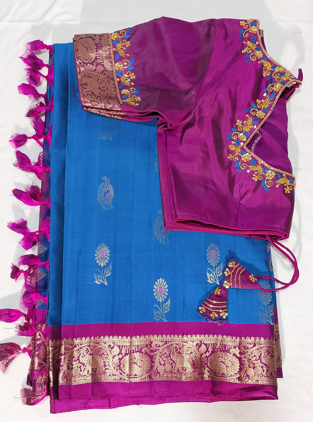 J554: Ready To Ship Beautiful Pure Kanchipattu Saree With Stitched Maggam Work Blouse