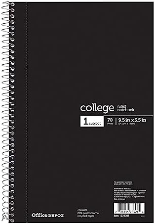 OfficeMax 1 Subject Notebook, 6" x 9 1/2", College Rule, Black Cover