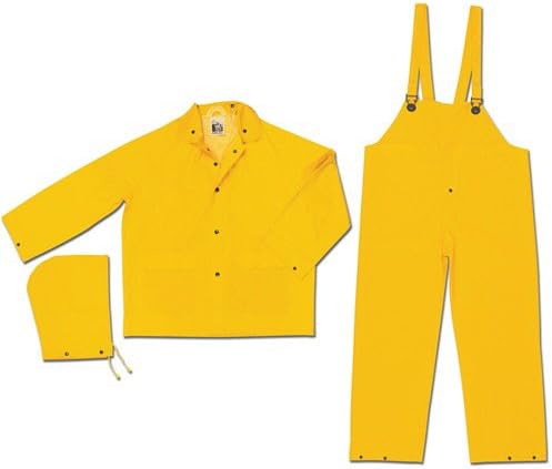 MCR Safety FR2003X2 Classic PVC/Polyester 3-Piece Flame Resistant Rainsuit with Attached Hood and Bib Pants, Yellow, 2X-Large
