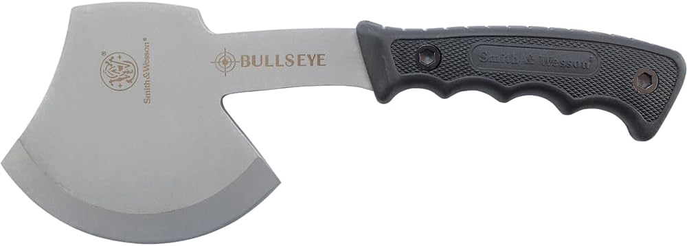 Smith & Wesson Bullseye Hatchet and Fixed Blade Guthook Knife Combo with S.S. Blade and Rubber Handle for Outdoor, Tactical