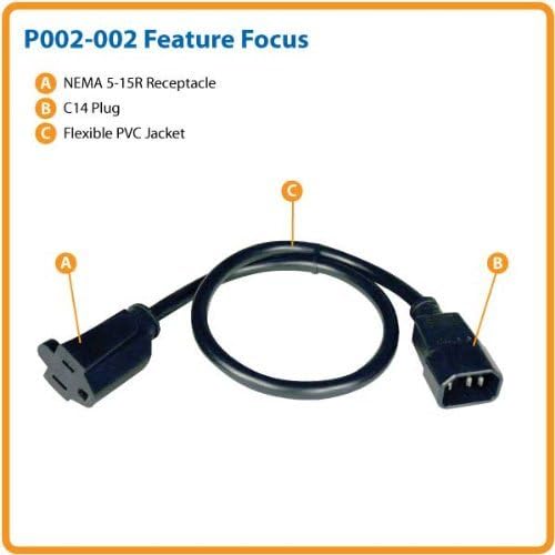 Tripp Lite Standard Computer Power Cord 12A, 16AWG (IEC-320-C14 to NEMA 5-15R) 2-ft.(P002-002)