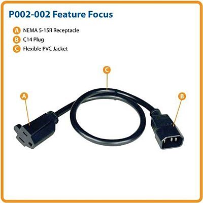 Tripp Lite Standard Computer Power Cord 12A, 16AWG (IEC-320-C14 to NEMA 5-15R) 2-ft.(P002-002)