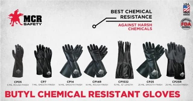 MCR SAFETY CP7 Butyl Rubber Chemical-Resistant Gloves, 7 Mil Smooth Finish, Gauntlet Rolled Cuff