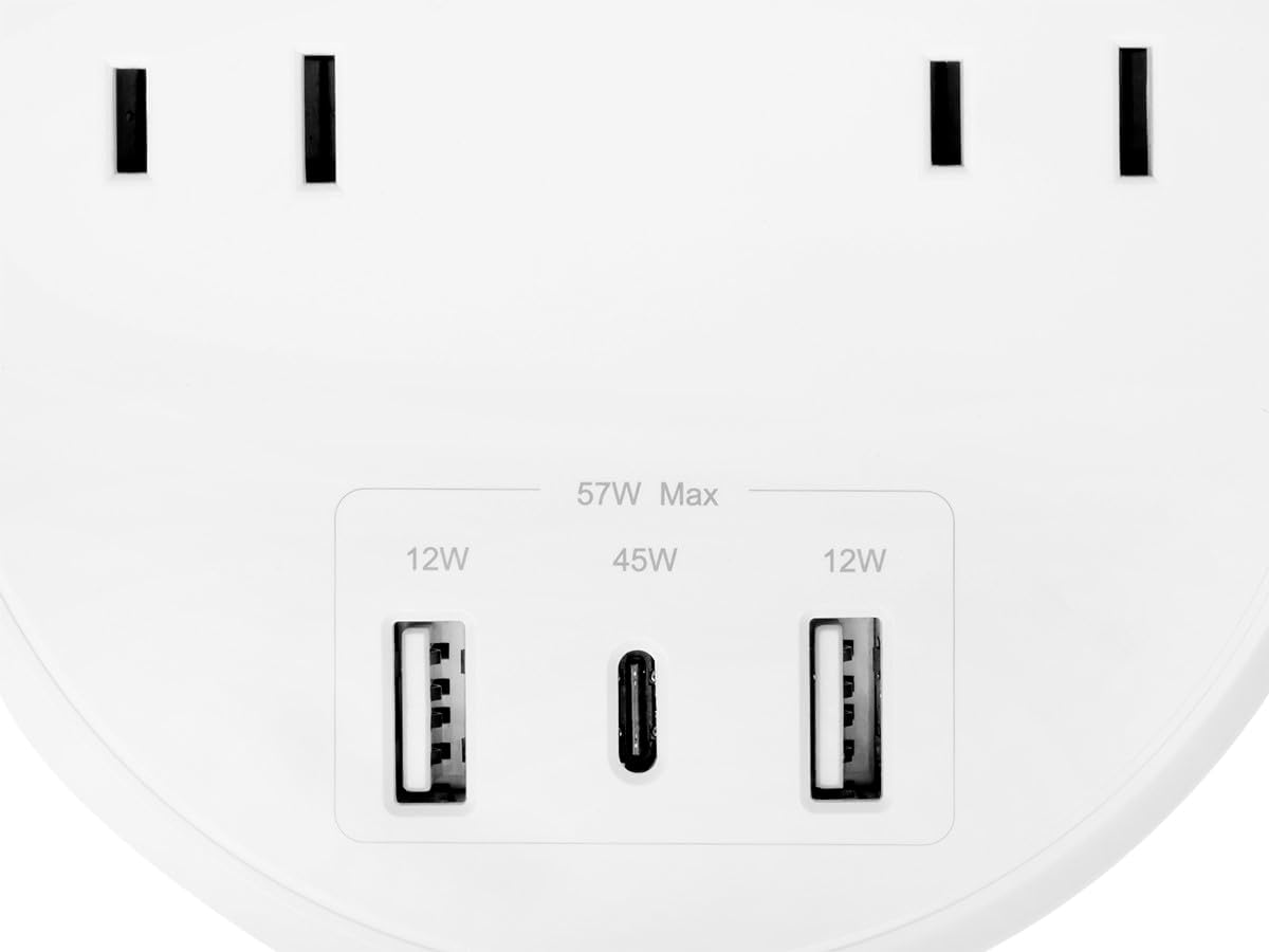 Monoprice USB-C Power Strip, 2 Outlets and 57W 3 USB with 5-Foot Extension Cord, Compact Travel Size, for MacBook Pro