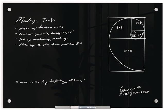 U Brands Glass Non-Magnetic Dry-Erase Board, 36in X 24in, Black Surface, Frameless, Actual Size 35in X 23in (170U00-01)