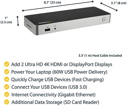 StarTech.com USB C Dock - Dual Monitor HDMI & DisplayPort 4K 30Hz - USB Type-C Laptop Docking Station 60W Power Delivery, SD
