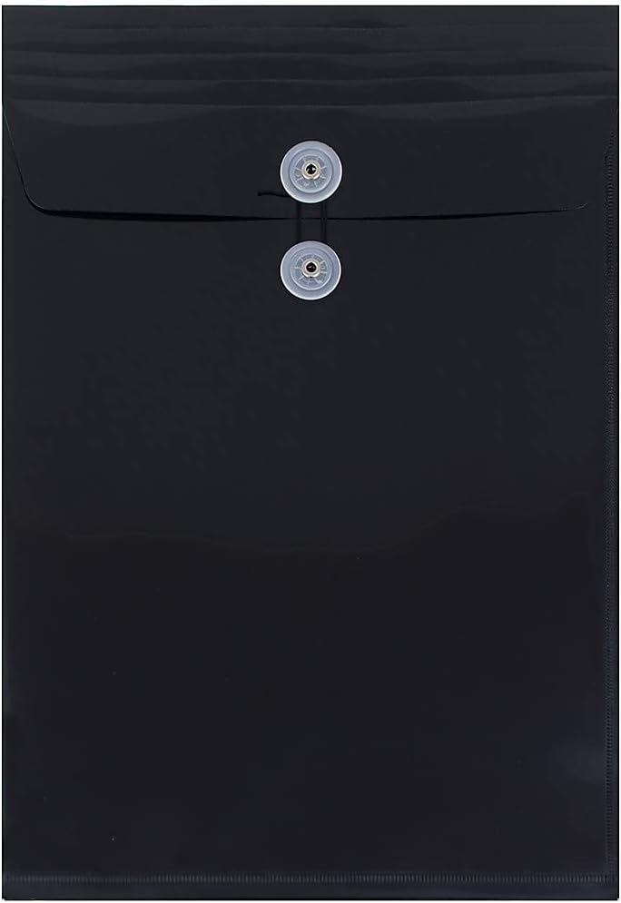 JAM PAPER Plastic Envelopes with Button & String Tie Closure - Legal Open End - 9 3/4 x 14 1/2 - Black - 12/Pack Legal Black
