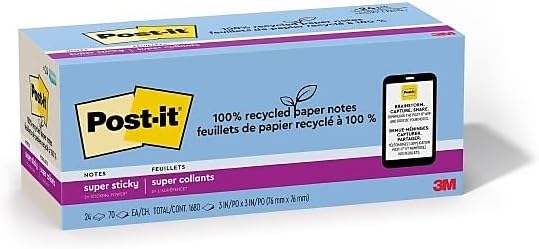 Post-it 100% Recycled Paper Super Sticky Notes, 3 in. x 3 in., 24 Pads/Pack, 70 Sheets/Pad