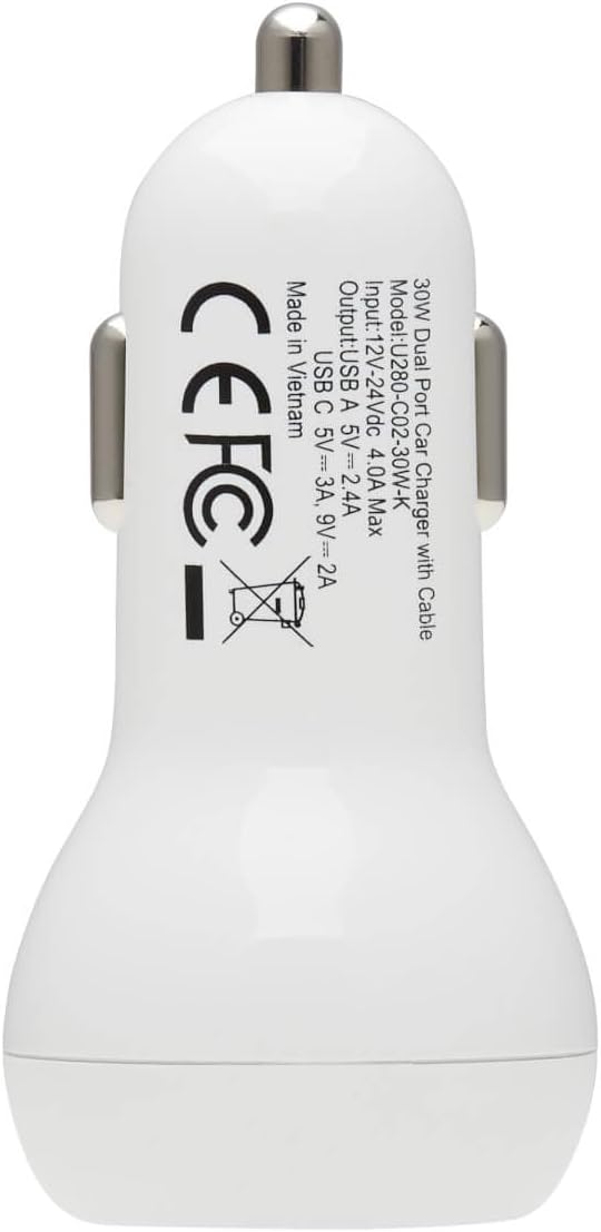 Tripp Lite USB Car Charger Dual-Port USB C 18W, USB-A 12W w/Lightning Cable (U280-C02-30W-K)