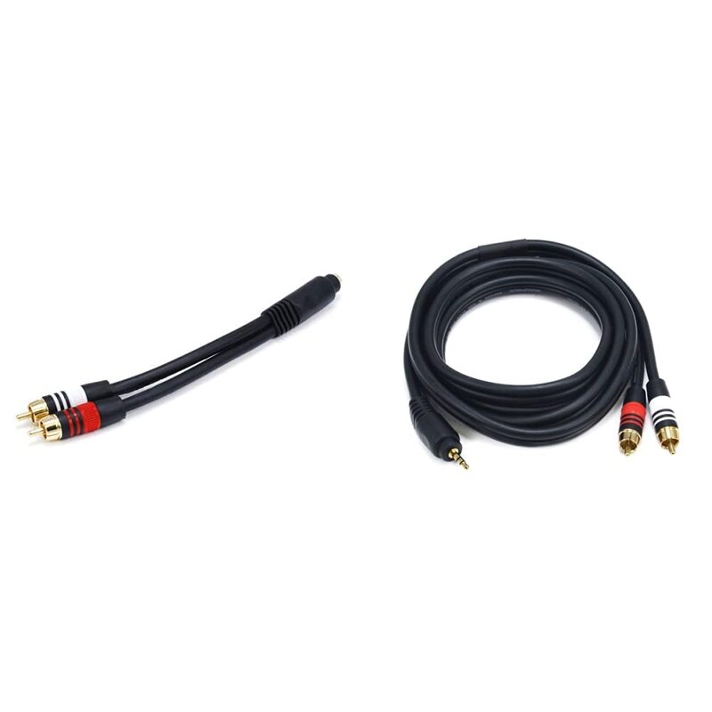 Monoprice 6in & 6ft Premium 3.5mm Stereo Female/Male to 2RCA Male 22AWG Cable (Gold Plated) - Black Cable + Cable, 6ft