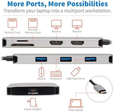 Tripp Lite USB-C Two-Monitor HDMI Laptop/Smart Phone Docking Station, 4K @ 60 Hz (4:4:4), USB-A Hub