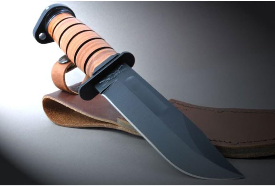 KA-BAR Dog's Head Utility Knife Fixed Blade Knife 7" Clip Point 1095 Cro-Van Black Blade Stacked Leather Handle Black/Brown