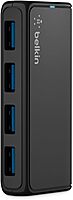 Belkin 4-Port USB 3.0 Hub – SuperSpeed Powered Station with 5Gbps Data & Charging, Compact Desktop Adapter for Laptops, iPhone Chargers, Printers, Storage Devices – Black