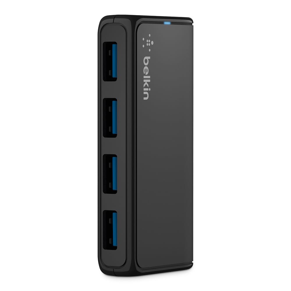 Belkin 4-Port USB 3.0 Hub – SuperSpeed Powered Station with 5Gbps Data & Charging, Compact Desktop Adapter for Laptops
