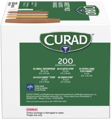 CURAD Assorted Adhesive Bandages, 4-Sided Seal, Variety Pack, 200 Count, 1 Pack