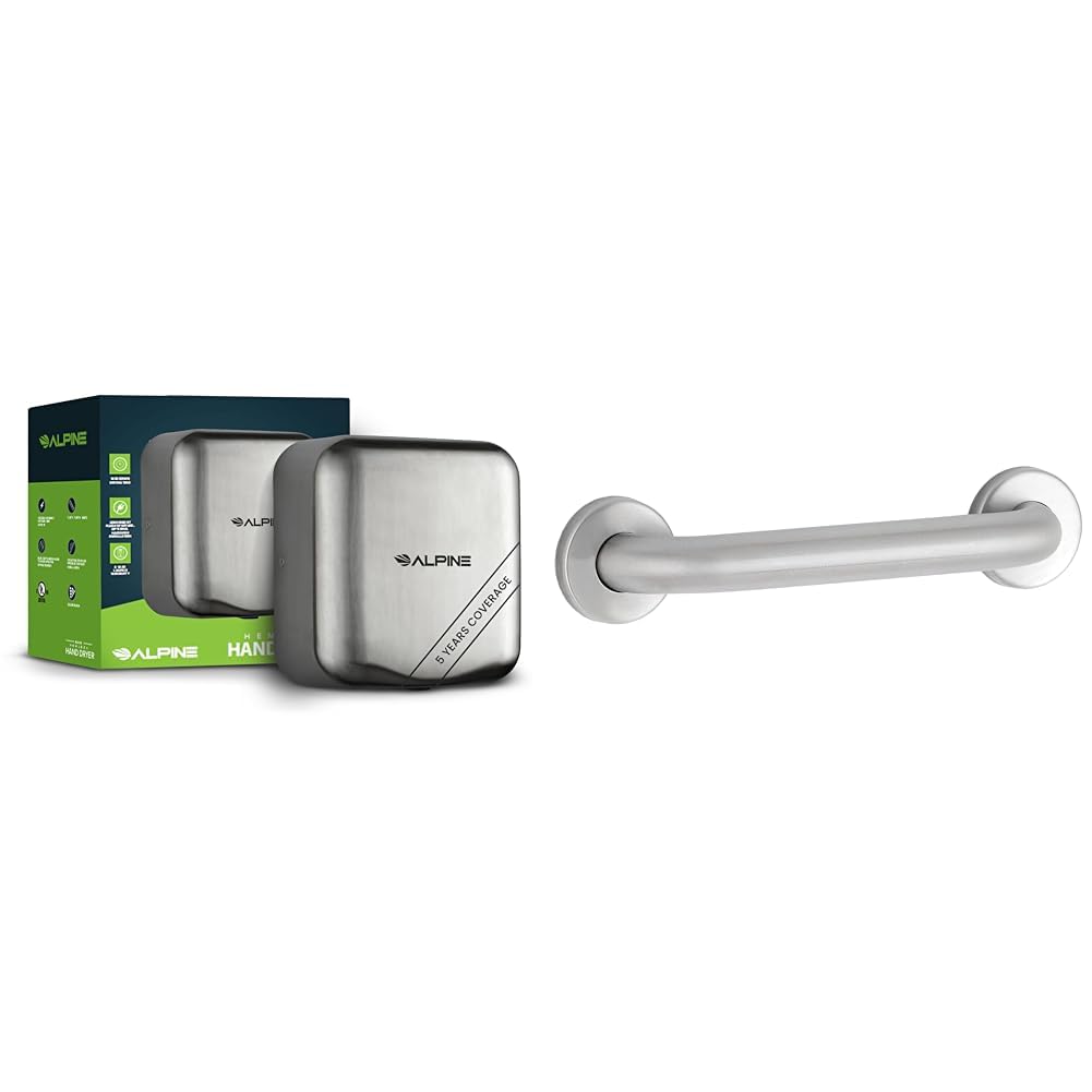 Alpine Industries 1800W Stainless Steel Automatic Hand Dryer Bundle with Bobrick 42" Stainless Steel Straight Grab Bar