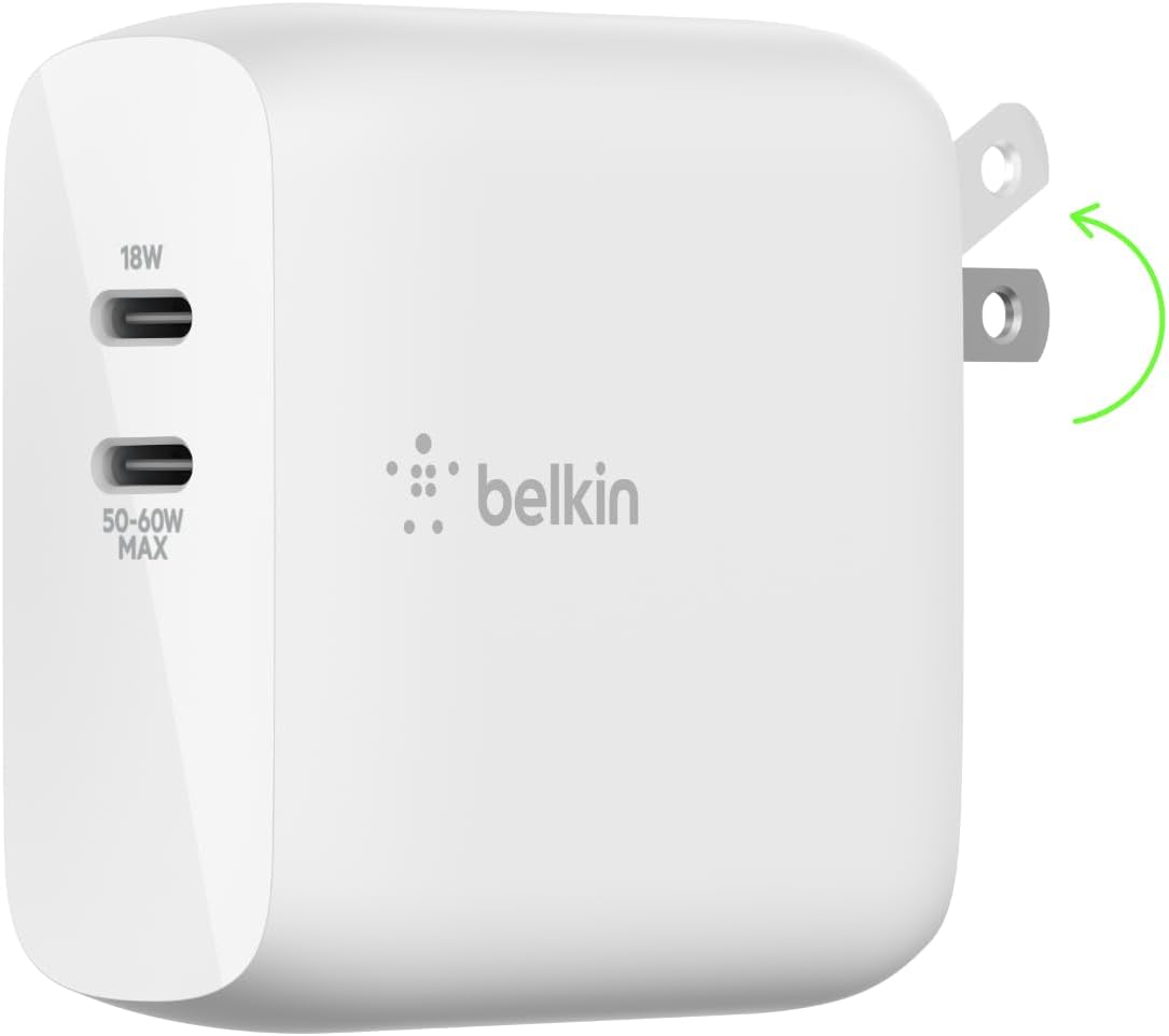 Belkin Dual Port USB C Charger Block 68W - GaN Fast Charging - Type C - USB-C PD Charge for Apple iPhone 16
