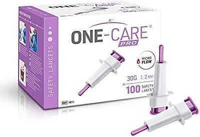 ONE-CARE PRO Safety Lancets Top Button Activated, 30G x 1.2mm, MicroFlow, Purple, 100/bx ONE-CARE PRO Safety Lancets Top Button Activated, 30G x 1.2mm, MicroFlow, Purple, 100/bx