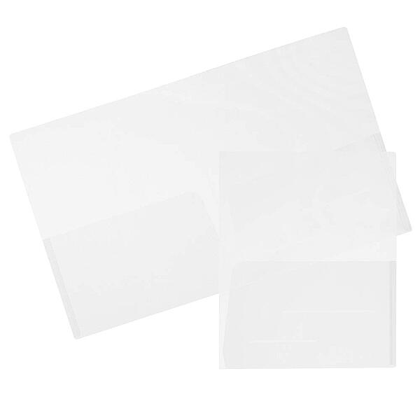 JAM Paper Regular-Weight 2-Pocket Plastic Presentation Folders, 9in x 12in, Clear, Pack Of 6