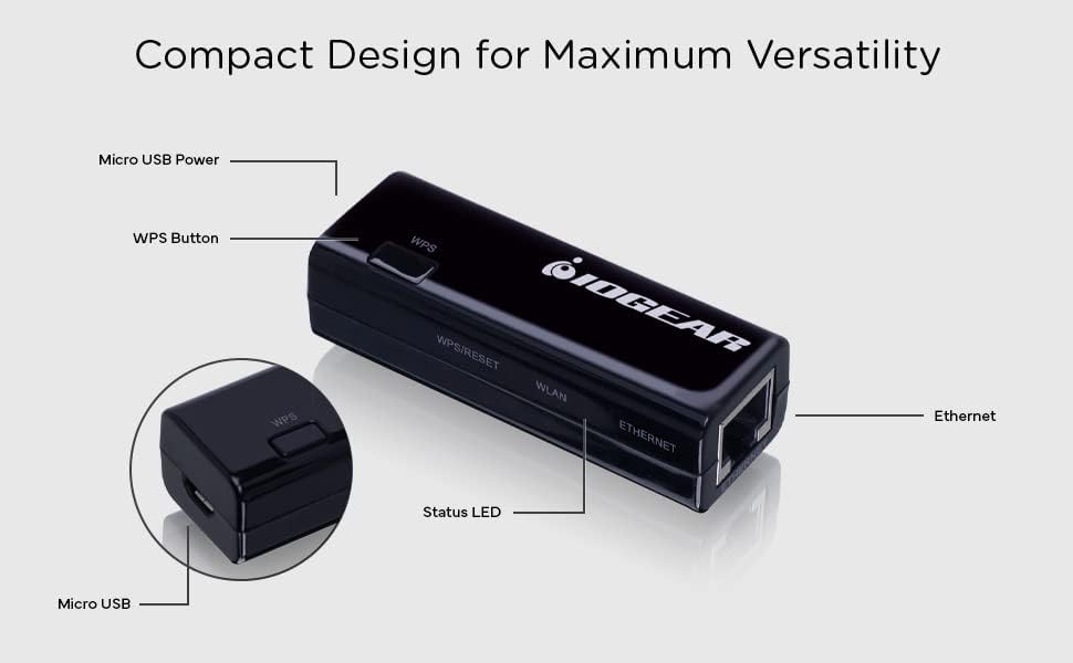 IOGEAR Universal Ethernet to Wi-Fi N Adapter - Speeds of up to 300Mbps on 2.4GHz - Push-button Wi-Fi Protected Setup (WPS)