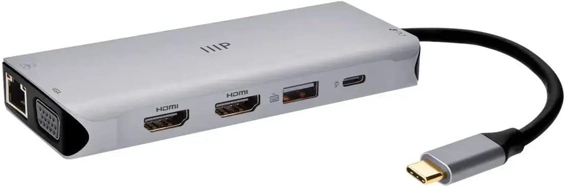 Monoprice 12-in-1 Dual-HDMI + VGA MST Triple Monitor Docking Station, Dual 4K HDMI, VGA, 5Gbps USB-A, Gigabit Ethernet