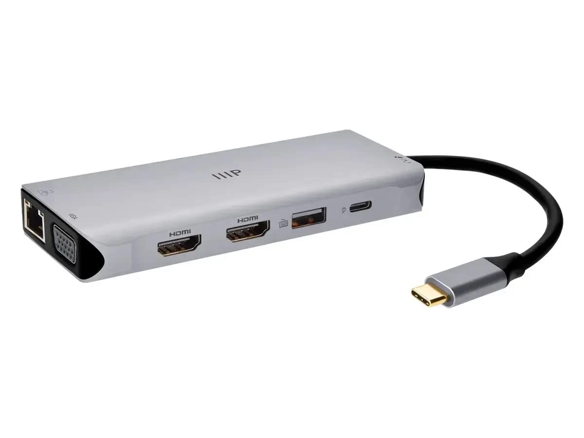 Monoprice 12-in-1 Dual-HDMI + VGA MST Triple Monitor Docking Station, Dual 4K HDMI, VGA, 5Gbps USB-A, Gigabit Ethernet